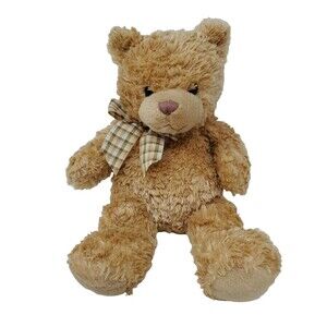Gund Plush Light Light-Brown Shaggy Fur Teddy Bear with Plaid Bow 16" #45455